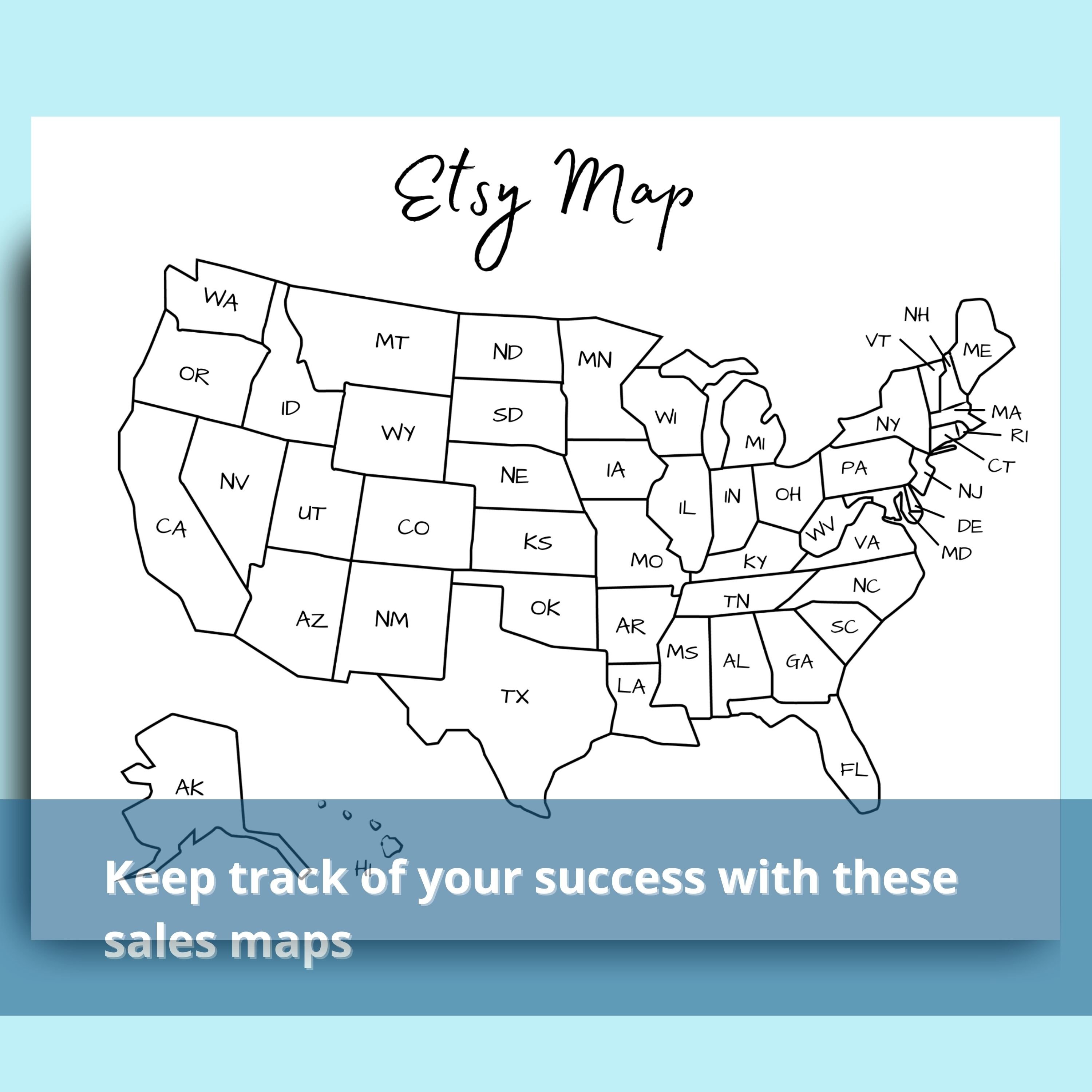 US Postcode Sales Map Tracker, Printable United States Etsy Sales Map