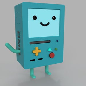 May include: A teal-colored, cartoon-style character with a screen displaying a smiling face. The character has a yellow plus sign, a red button, and the letters "BMO" on its side. It has a green arm and feet.