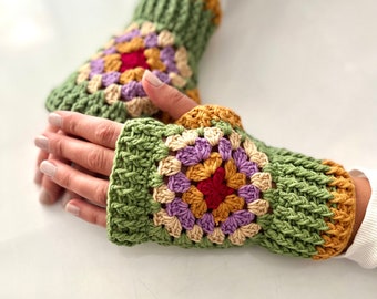 Granny Square Fingerless Gloves, Fingerless Crochet gloves, Knitted Gloves