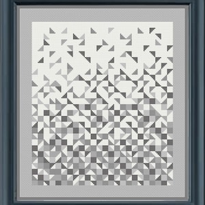 May include: A framed black and white geometric pattern with a gradient effect. The pattern is made up of small triangles and squares.