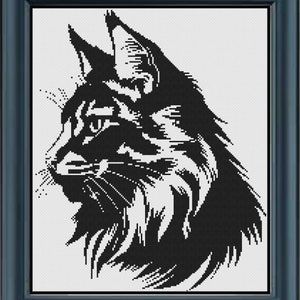 May include: Black and white silhouette of a Maine Coon cat's head, looking to the left. The cat has a long, bushy tail and a thick coat of fur.