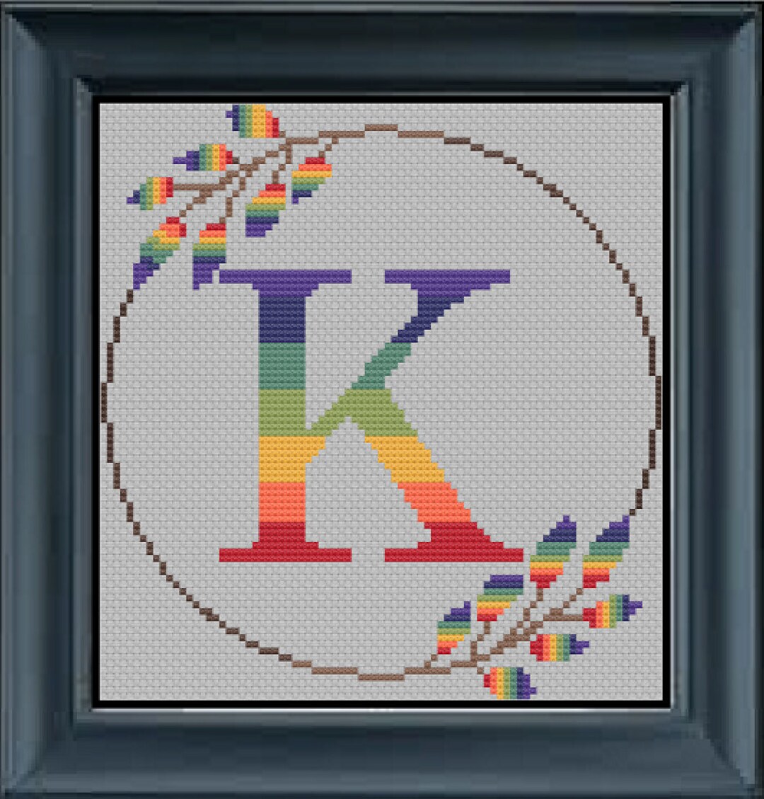 Patterned K Letter Monogram Floral Ombre Alphabet Letter “K” Cross Stitch Pattern Rainbow ...