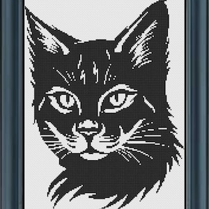 Puede incluir: Ilustración en blanco y negro de la cara de un gato. El gato tiene ojos grandes y redondos y una apariencia esponjosa y peluda.