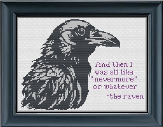 The Raven Cross Stitch Pattern Needlepoint Poe Nevermore Whatever Funny Quote Counted Canvas
