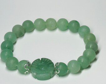 Aventurine Bracelet with Carved Flower and Silver Plate