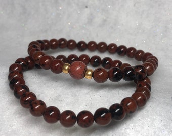 Brown Obsidian Beaded Bracelet with Gold Spacers, Set of Two