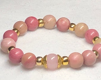 Rhodochrosite & Rose Quartz Beaded Bracelet with Gold Accents