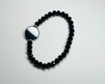 Obsidian Beaded Bracelet, Black Glass Rondelles and Silver Spacers