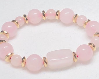 Rose Quartz Beaded Bracelet, Gold Hematite Spacers