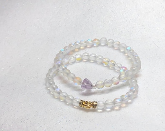 Moonstone Bracelet Set, Gold Plated Spacers, Amethyst Chip