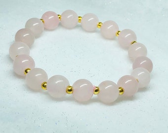 Rose Quartz Bracelet, 10mm Beads with Gold Accents