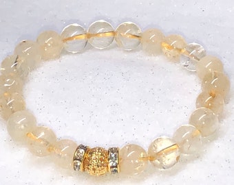 Citrine Quartz Beaded Bracelet, Gold Plated Accents