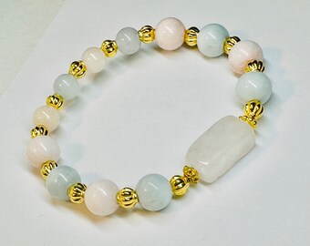 Morganite Beaded Bracelet, Rose Quartz Connector & Gold Accents