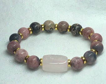 Rhodonite & Rose Quartz Beaded Bracelet with Gold Accents