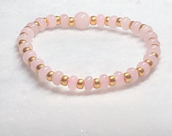 Rose Quartz Beaded Bracelet, Gold Plated Accents