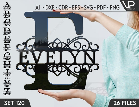 Split Regal Monogram Alphabet Letters Vector Cut Files Metal Laser Silhouette Cricut Font A to Z SVG Letters Dxf, Svg, Cdr, Eps, AI, Set 120