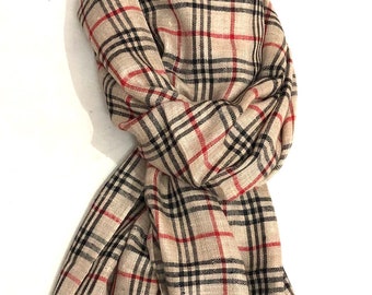 Handmade Plaid Cashmere Scarf: Natural Pashmina Stole (70x200 cm)