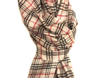Handmade Vanilla Cream Plaid Cashmere Pashmina Scarf: Soft Stole (70x200 cm)