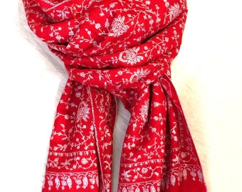 High Risk Red Dense Jaaldar Handmade Real Cashmere Pashmina Embroidered Stole/Scarf/Shawl/70*200 cm