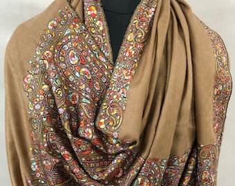 Exclusive Luxury Paisley Kani Kar Hand Embroidery Palla Tobacco Brown Handwoven Real Cashmere Pashmina Shawl/100*200 cm