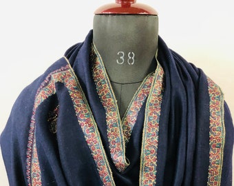 Pashmina Shawl Dark Sapphire Blue Sozni Embroidered Hashidar Handmade Real Cashmere Pashmina Border Embroidered Shawl/100*200 cm