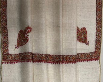 GI Stamped Antique White Sozni Embroidered Border Handmade Real Cashmere Pashmina Stole/70*200 cm