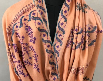 Peach nectar handcrafted micro fine designer embroidered handwoven real cashmere pashmina stole/70X200 cms