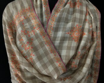 Handmade Real pashmina Natural un-dyed checkered modern design embroidered handcrafted real cashmere pashmina stole/scarf/shawl/70*200 cm