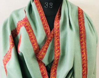 New Year's Eve Green Milieu Hashidar Handmade Real Cashmere Pashmina Sozni Border Embroidered Shawl/100*200 cm