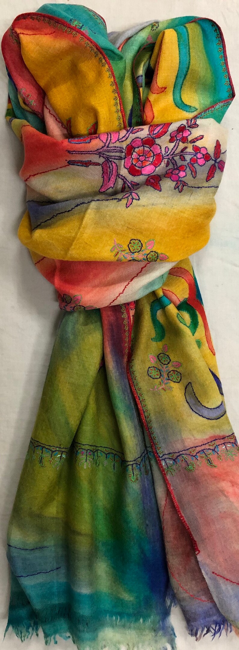 Floral Handmade HandPainted Ladakhi Cashmere Pashmina Outline Stole/Scarf/Shawl/70X200cm image 5