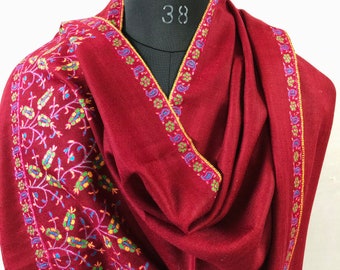 Traditional Mughal Motif Handcrafted Palla Red Real Cashmere Pashmina Stole/Scarf/Shawl/70*200 cm