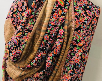 Floral GI Certified Exotica Ikkat Paper Mache Multicoloured Embroidery Handcrafted Real Cashmere Pashmina Shawl/100*200 cm