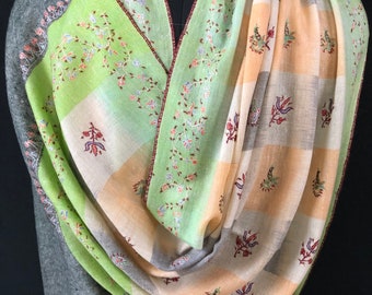 teacher gift Macaw green handwoven ikkat weave pattern sozni embroidered real cashmere pashmina stole/scarf/shawl/62*200 cm