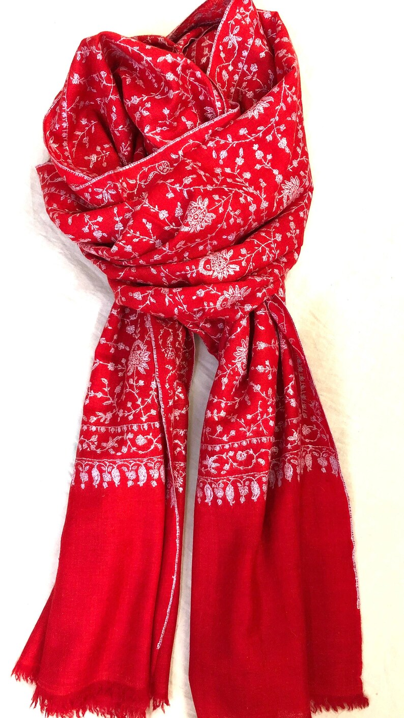 High Risk Red Dense Jaaldar Handmade Real Cashmere Pashmina Embroidered Stole/Scarf/Shawl/70200 cm image 1