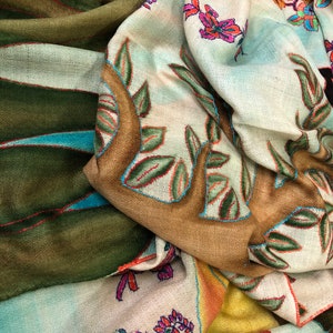 Handmade and Hand-Painted Ladakhi Cashmere Pashmina Embroidered Scarf