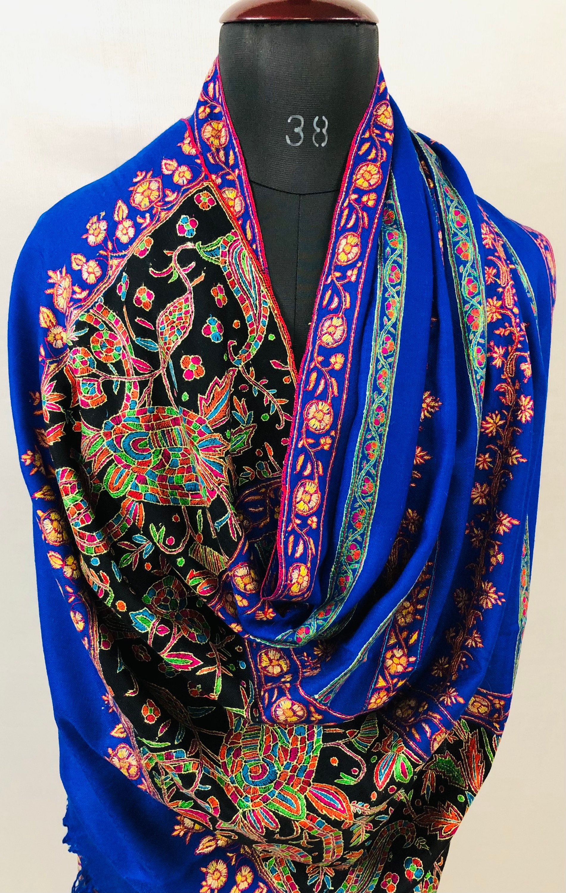 GI Handcrafted Snorkel Blue Fine Kani Kar Paisley Tree Pattern Embroidery Handwoven Real  Ladakhi Cashmere Pashmina Shawl/100X200 cms