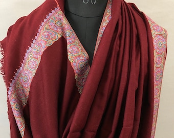 Pashmina Shawl Tibetan Red Gorgeous Sozni Border Embroidery Handcrafted Pure Cashmere Pashmina Shawl/100*200 cm