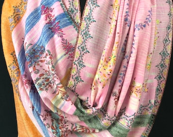 Floral New Year's Eve Rose-bloom handwoven ikkat weave pattern sozni hand embroidered real cashmere pashmina stole/scarf/shawl/62*200 cm