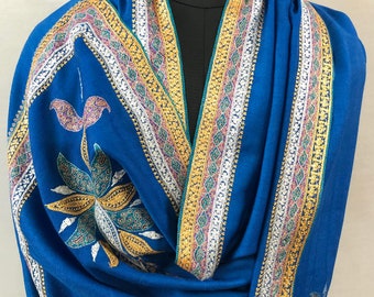 GI Certified Imperial Blue Luxury Hand Embroidered Tilla Work With Handcrafted Sozni Embroidery Real Cashmere Pashmina Shawl/100*200 cm