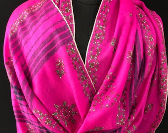 pashmina shawl for women Hot pink modern design super micro fine hand embroidered real cashmere pashmina stole/scarf/shawl/70*200 cm