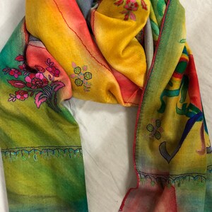 Floral Handmade HandPainted Ladakhi Cashmere Pashmina Outline Stole/Scarf/Shawl/70X200cm image 6