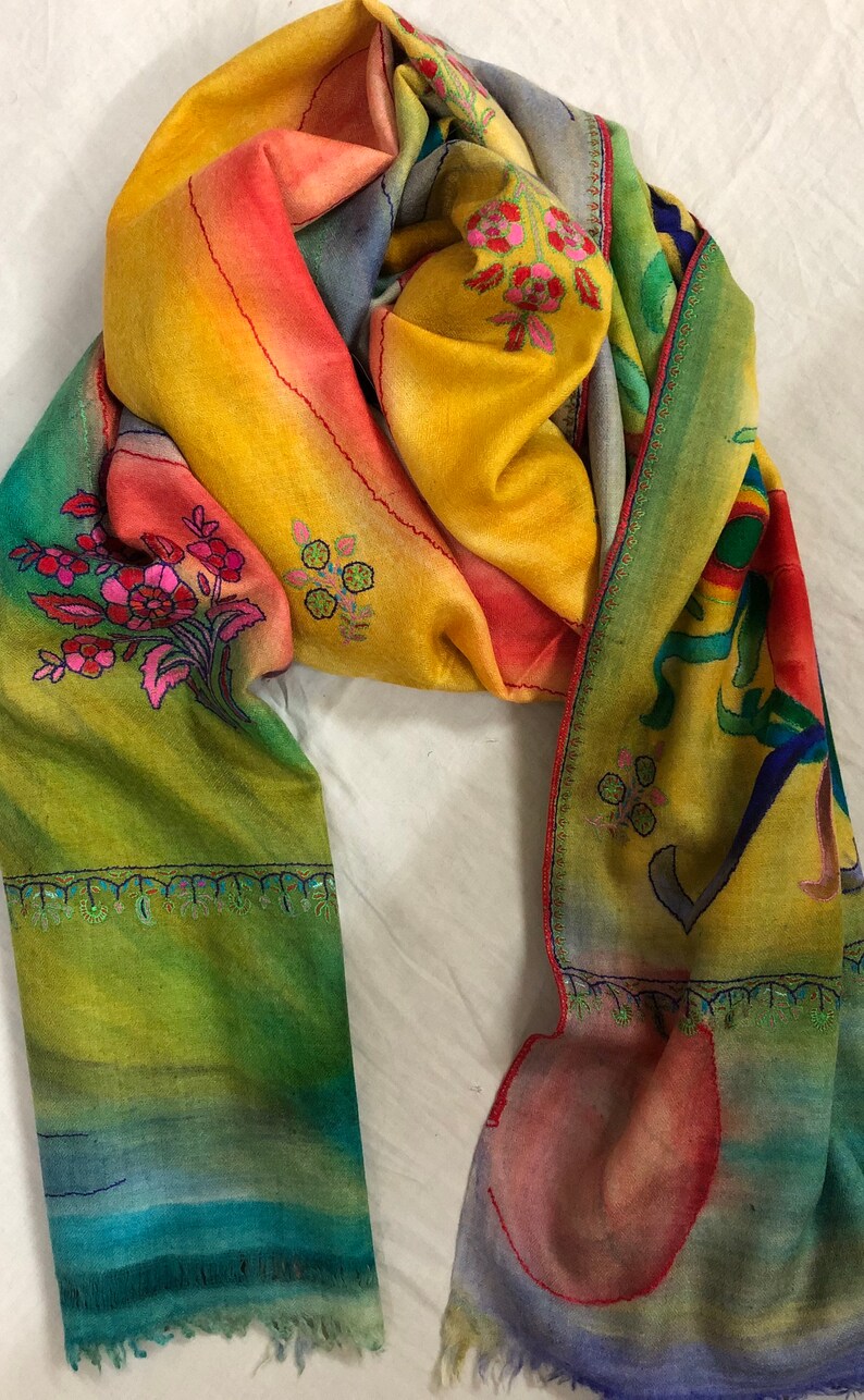 Floral Handmade HandPainted Ladakhi Cashmere Pashmina Outline Stole/Scarf/Shawl/70X200cm image 6