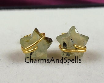 Prehnite Star Stud Earrings, Dainty Gemstone Earrings, 14K Gold Plated Studs, Gemstone Stud Earrings, Stars & Celestial Jewelry Gift