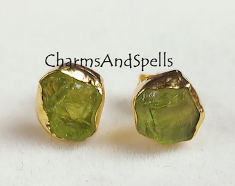 Green peridot studs, raw peridot earrings, august birthstone studs, raw crystal earrings, natural peridot earrings, green stone studs, Gift