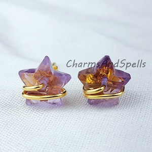 Natural Amethyst Earring, Star Shape Studs, 14K Gold Plated Earrings, Earrings, Purple Wire Wrap Stud Earrings, Valentine Day Gifts