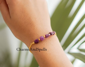 Raw Ruby Bracelet, July Birthstone Bracelet, Protection Red Crystal Bracelet, Gold Plated Bracelet, Beaded Bracelet, Handmade Jewelry