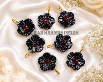 Black Flower Pendant, Black Onyx Flower Charm, Red Garnet Center, Gold Tone Pendant, Gothic Jewelry, Boho Crystal Gift, Handmade Charm
