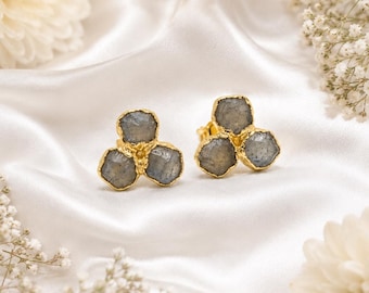 Natural Labradorite Stud Earrings, Raw Gemstone Cluster Earrings, Gold Plated Crystal Jewelry, Handmade Boho Earrings, Unique Gift