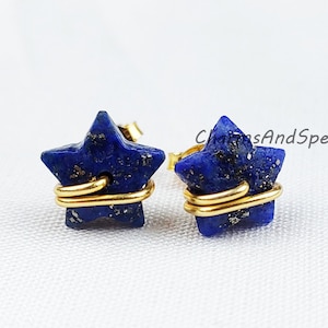 Natural Lapis Lazuli Star Earrings, Lapis Stud Earrings, Moon Earrings Stud, Lapis Lazuli Earrings, Gold Plated Earrings, Gifts For Her