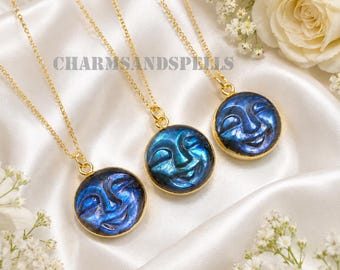 Beautiful Blue Flashy Carved Labradorite Necklace, 14k Gold Plated Necklace, Carving Moon Face Pendant, Healing Chakra Necklace, Gift ForHer